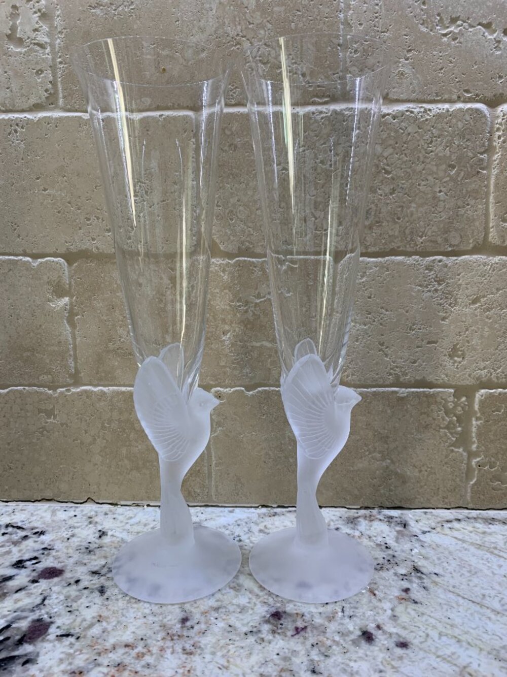 Sasaki Crystal Glass WINGS Champagne Flute Set Frosted Bird Dove 9-1/4" SET of 2